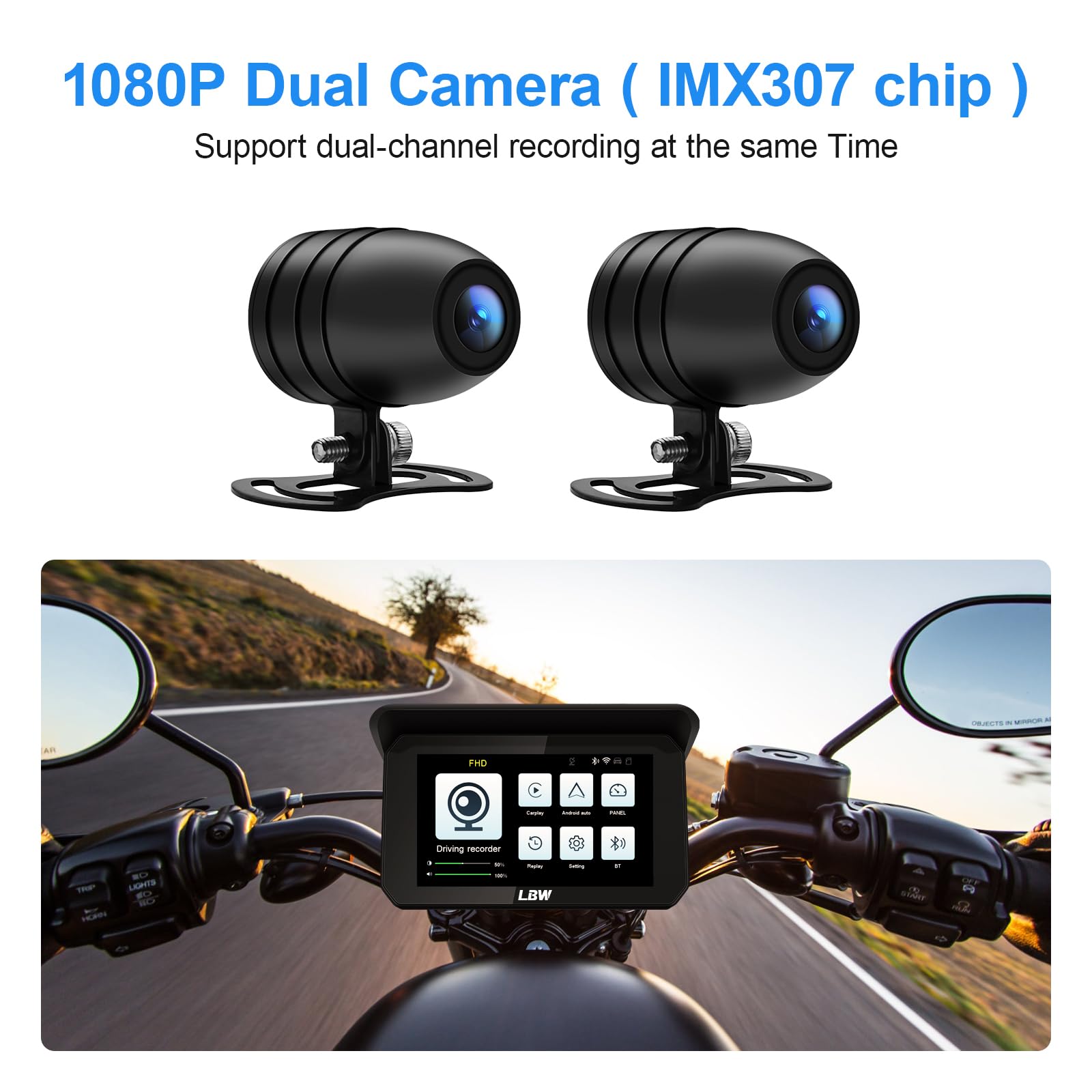 Lbw Professional Motorcycle Dash Cam, Wireless Apple Carplay, Android Auto, Tpms, Front & Rear Hd 1080P Camera (Imx307 Chip), Mo